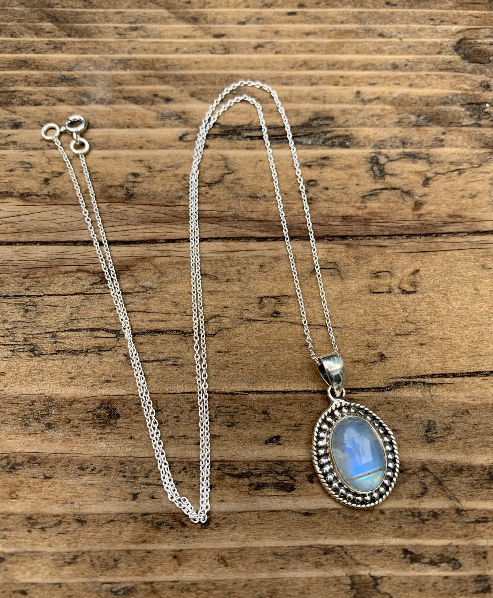 Sterling Silver Boho Oval Rainbow Moonstone Necklace by Springwaves