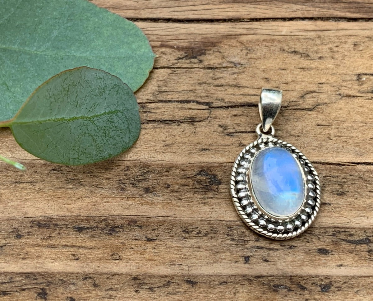 Sterling Silver Boho Oval Rainbow Moonstone Necklace by Springwaves