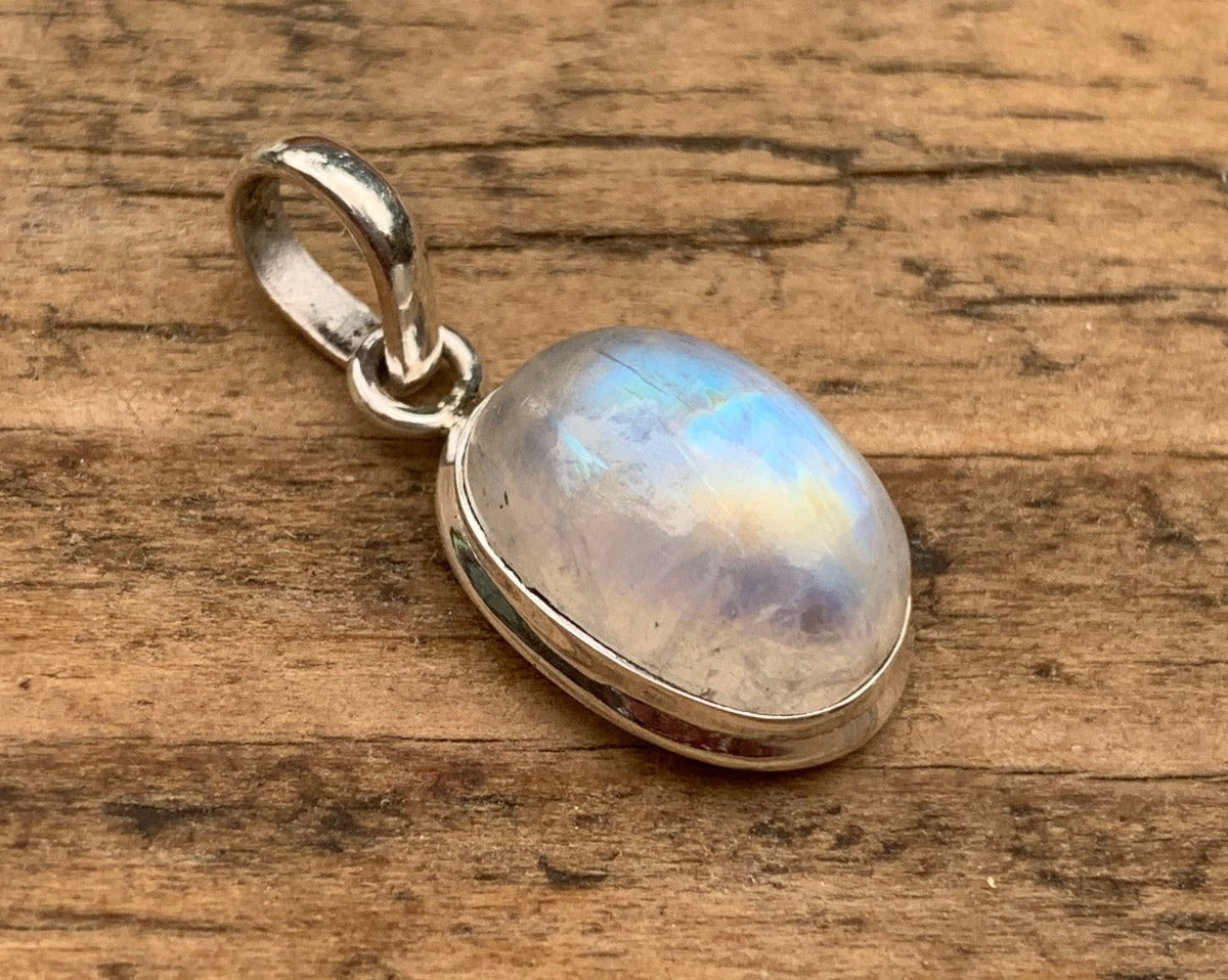 Sterling Silver Classic Oval Rainbow Moonstone Necklace by Springwaves