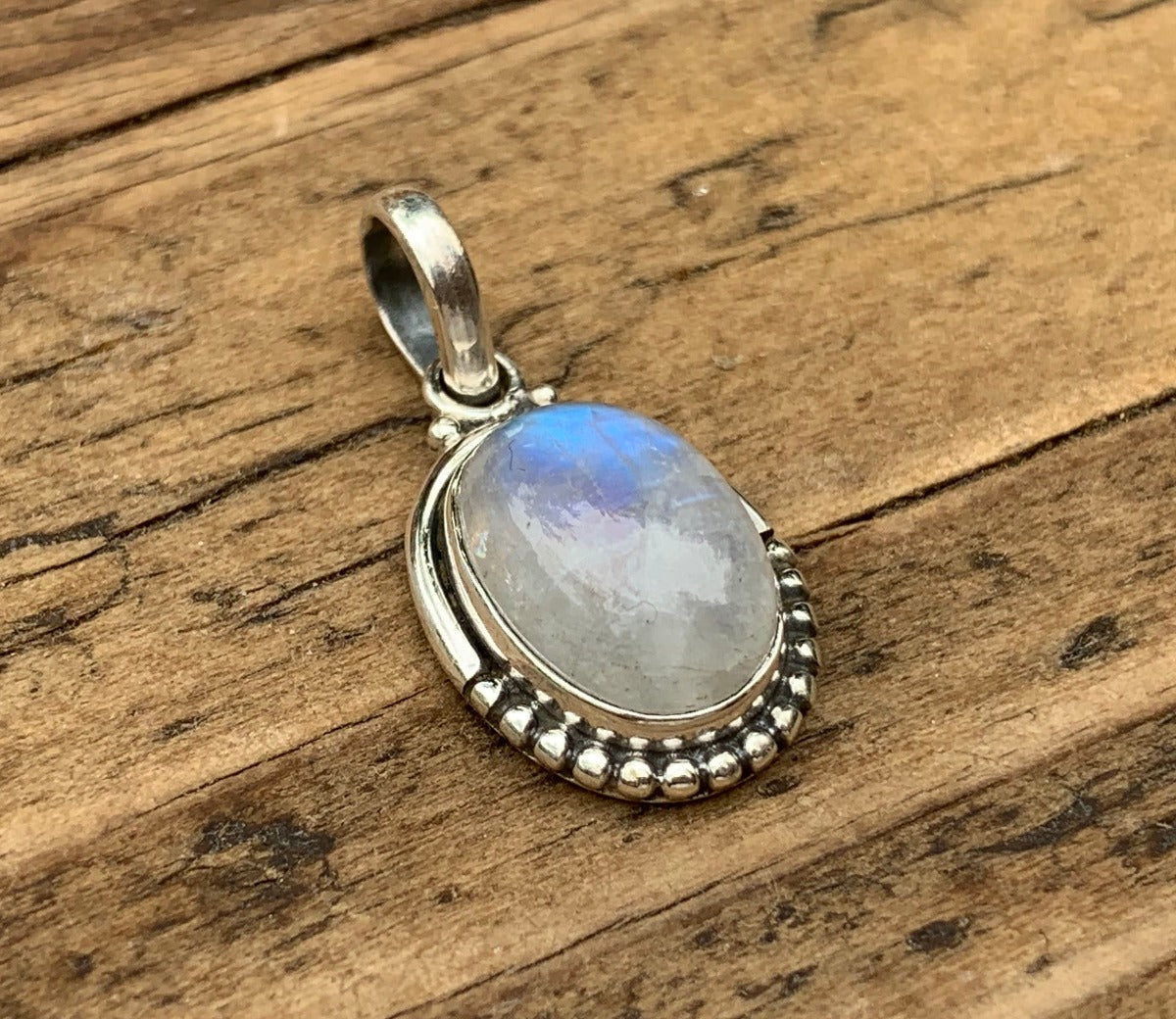 Sterling Silver Oval Rainbow Moonstone Necklace by Springwaves