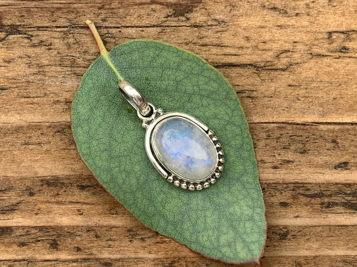Sterling Silver Oval Rainbow Moonstone Necklace by Springwaves