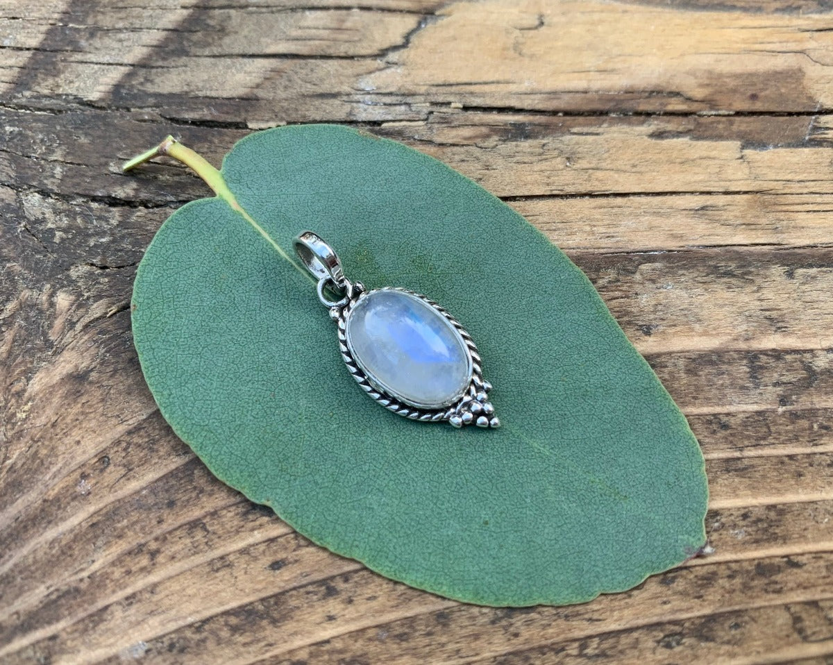 Sterling Silver Oval Rainbow Moonstone Necklace by Springwaves
