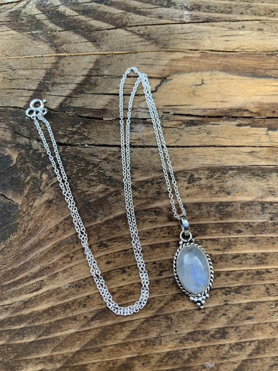 Sterling Silver Oval Rainbow Moonstone Necklace by Springwaves