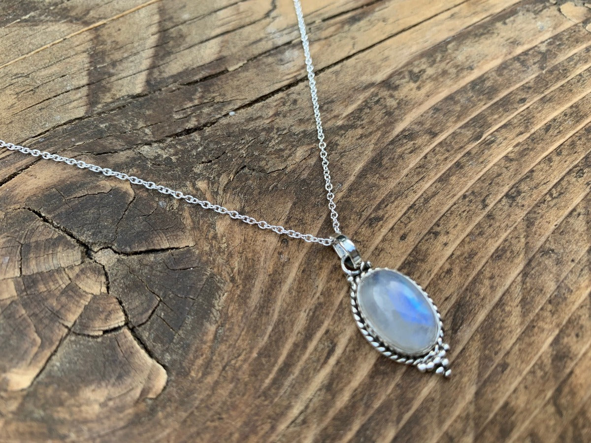 Sterling Silver Oval Rainbow Moonstone Necklace by Springwaves
