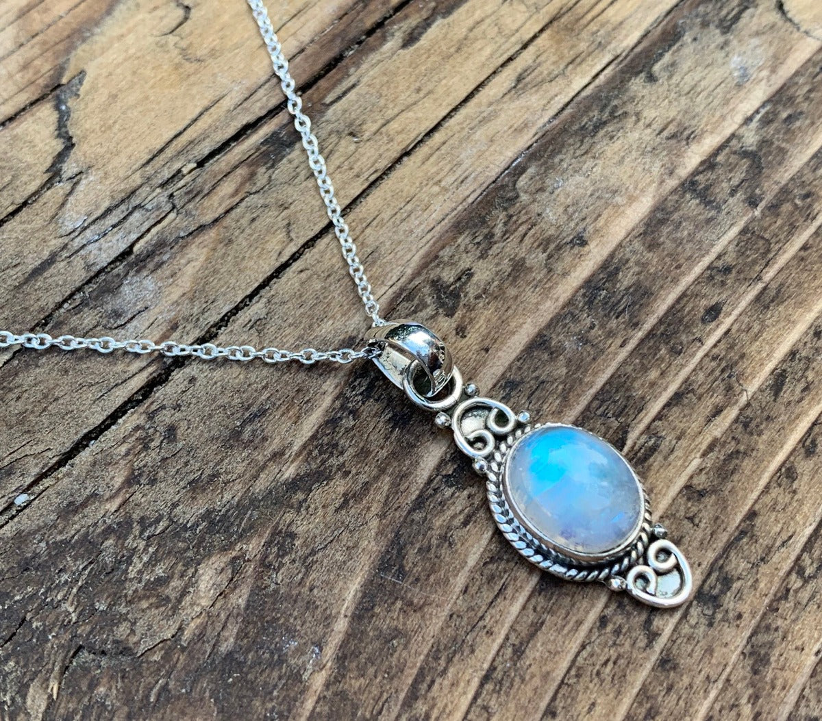 Delicate Ornate Silver Rainbow Moonstone Necklace by Springwaves
