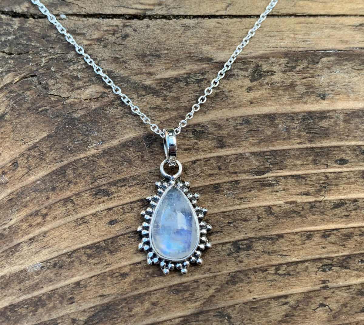 Rainbow Moonstone Silver Boho Teardrop Necklace by Springwaves
