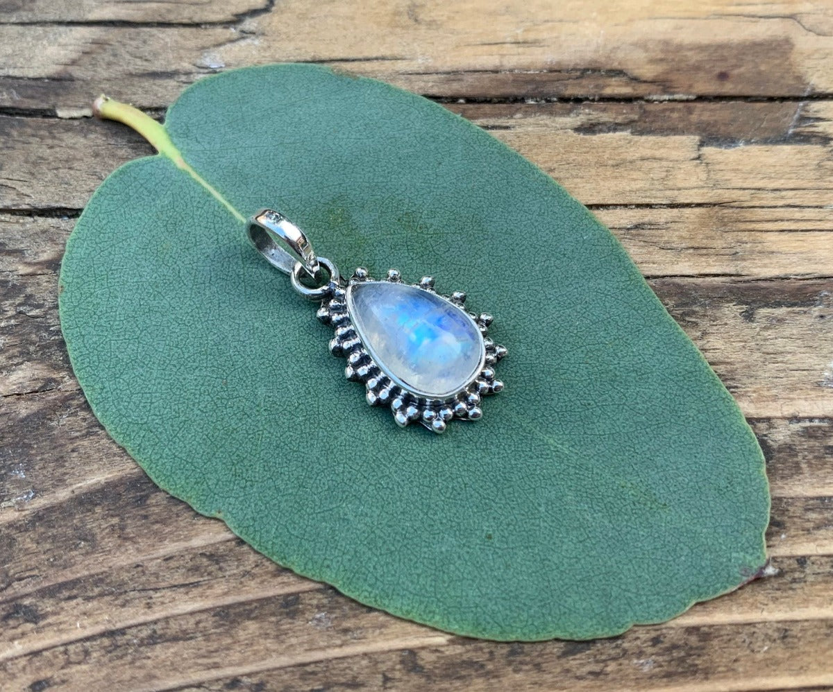 Rainbow Moonstone Silver Boho Teardrop Necklace by Springwaves