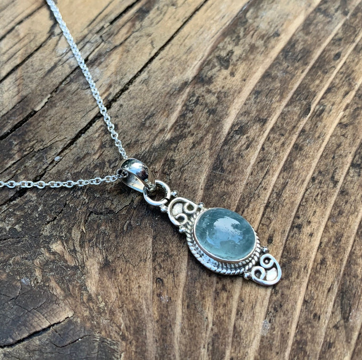 Aquamarine Vintage Scroll Pendant Necklace