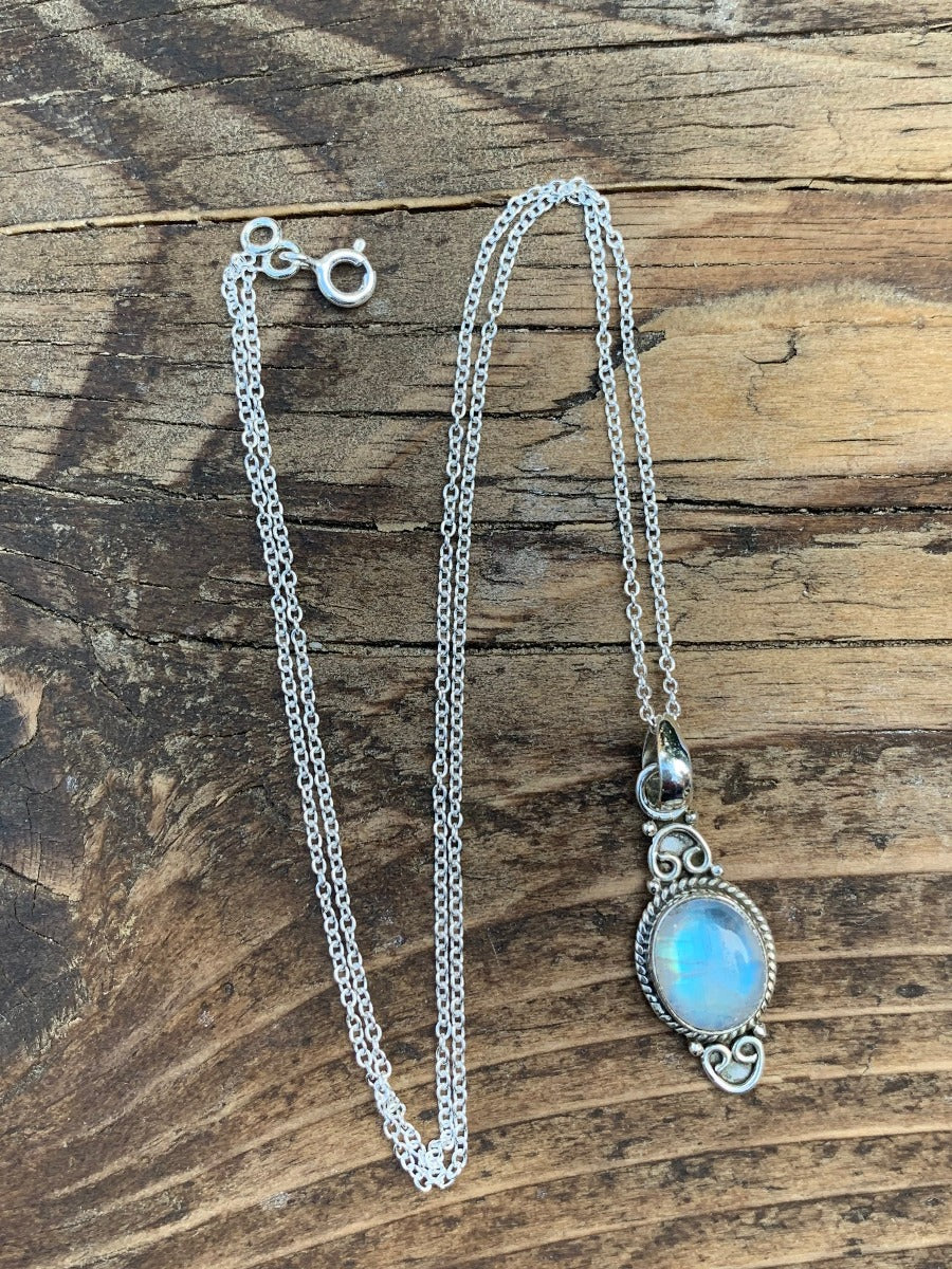 Delicate Ornate Silver Rainbow Moonstone Necklace by Springwaves