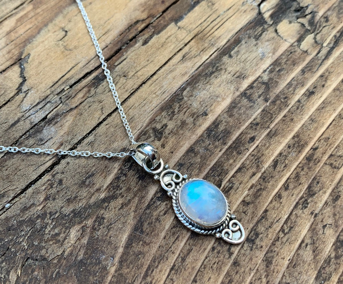 Delicate Ornate Silver Rainbow Moonstone Necklace by Springwaves