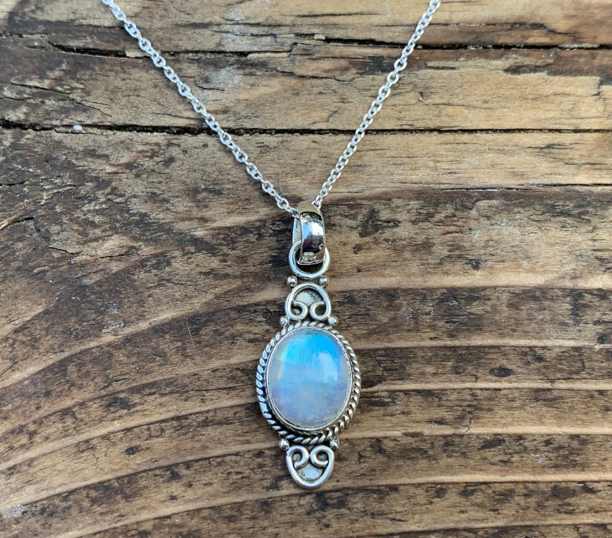 Delicate Ornate Silver Rainbow Moonstone Necklace by Springwaves