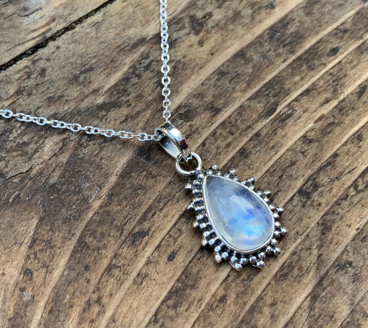 Rainbow Moonstone Sunburst Teardrop Necklace