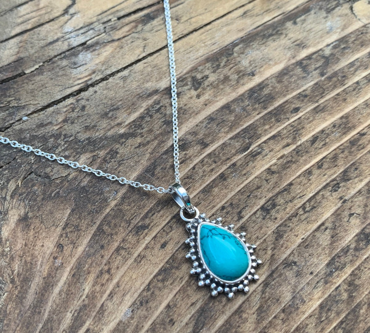 Turquoise Silver Boho Teardrop Necklace by Springwaves