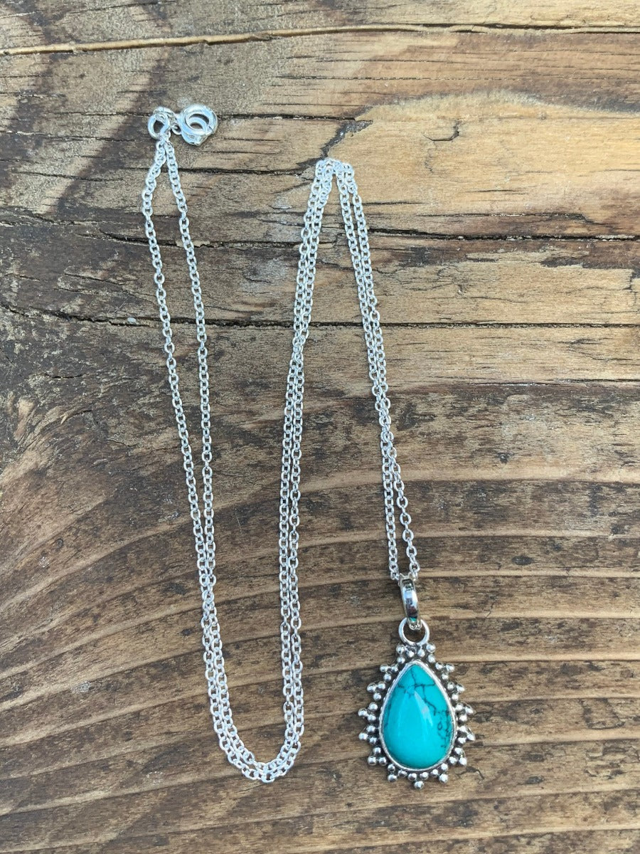 Turquoise Silver Boho Teardrop Necklace by Springwaves