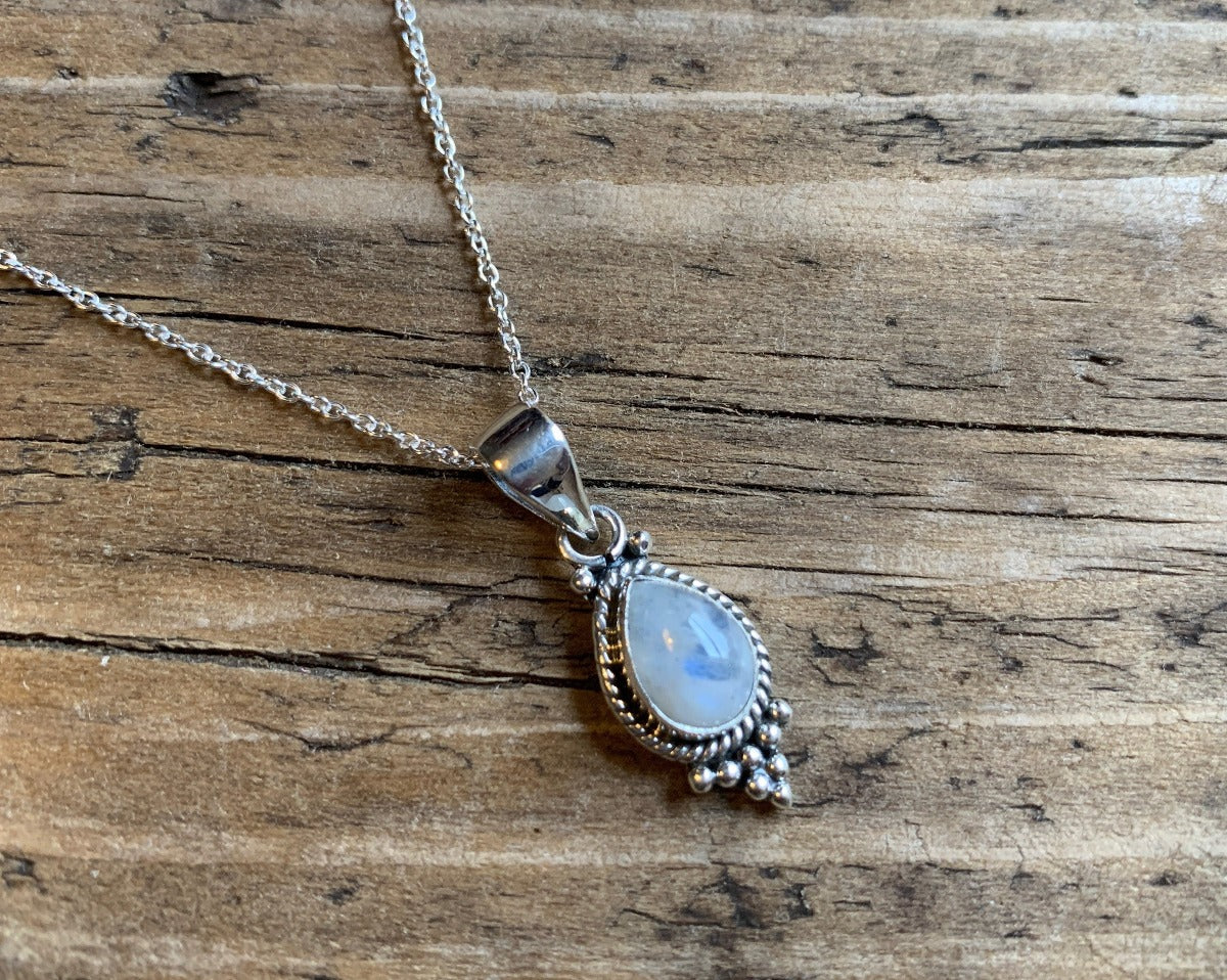 Dainty Teardrop Rainbow Moonstone Silver Necklace by Springwaves