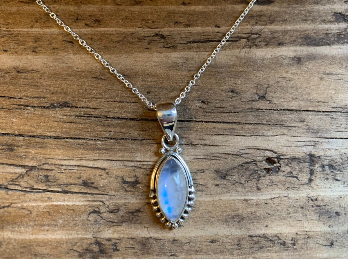 Sterling Silver Almond Rainbow Moonstone Necklace by Springwaves