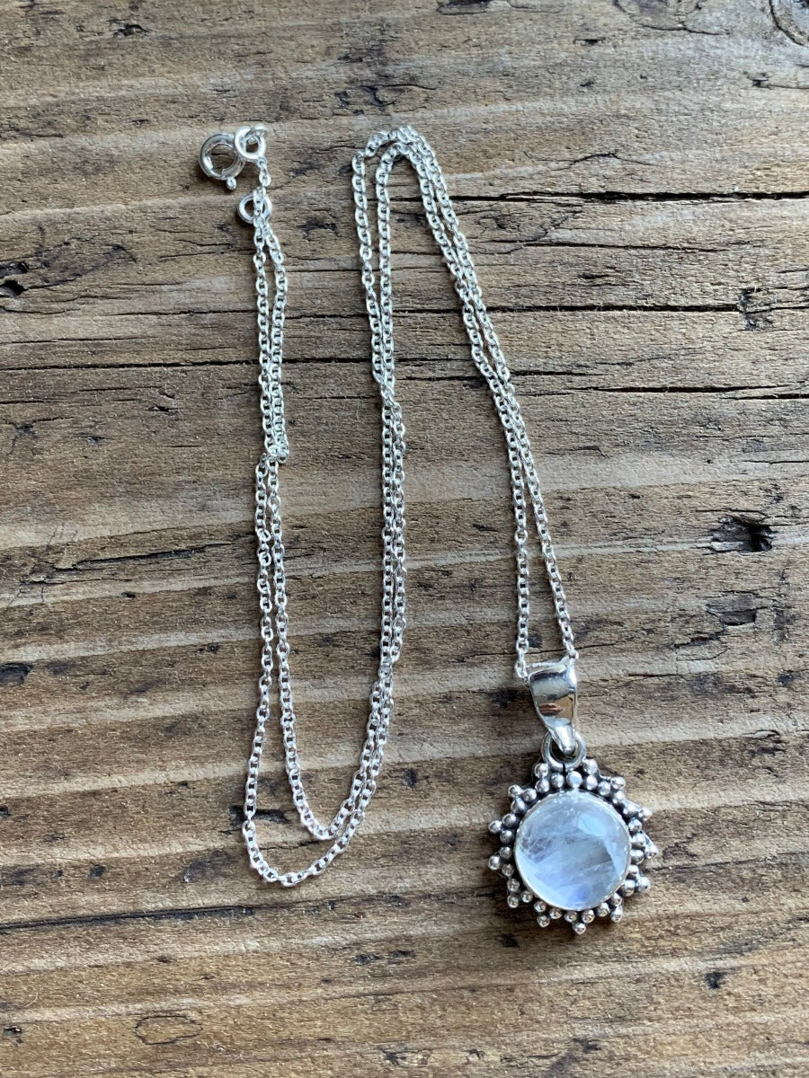 Sterling Silver Sunburst Rainbow Moonstone Necklace by Springwaves