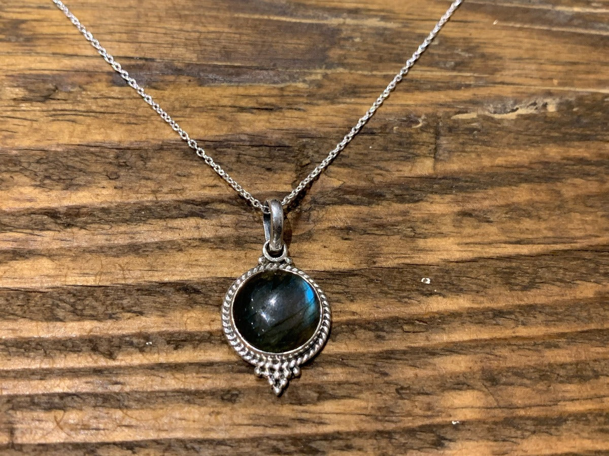 Sterling Silver Circle Labradorite Black Moonstone Necklace by Springwaves