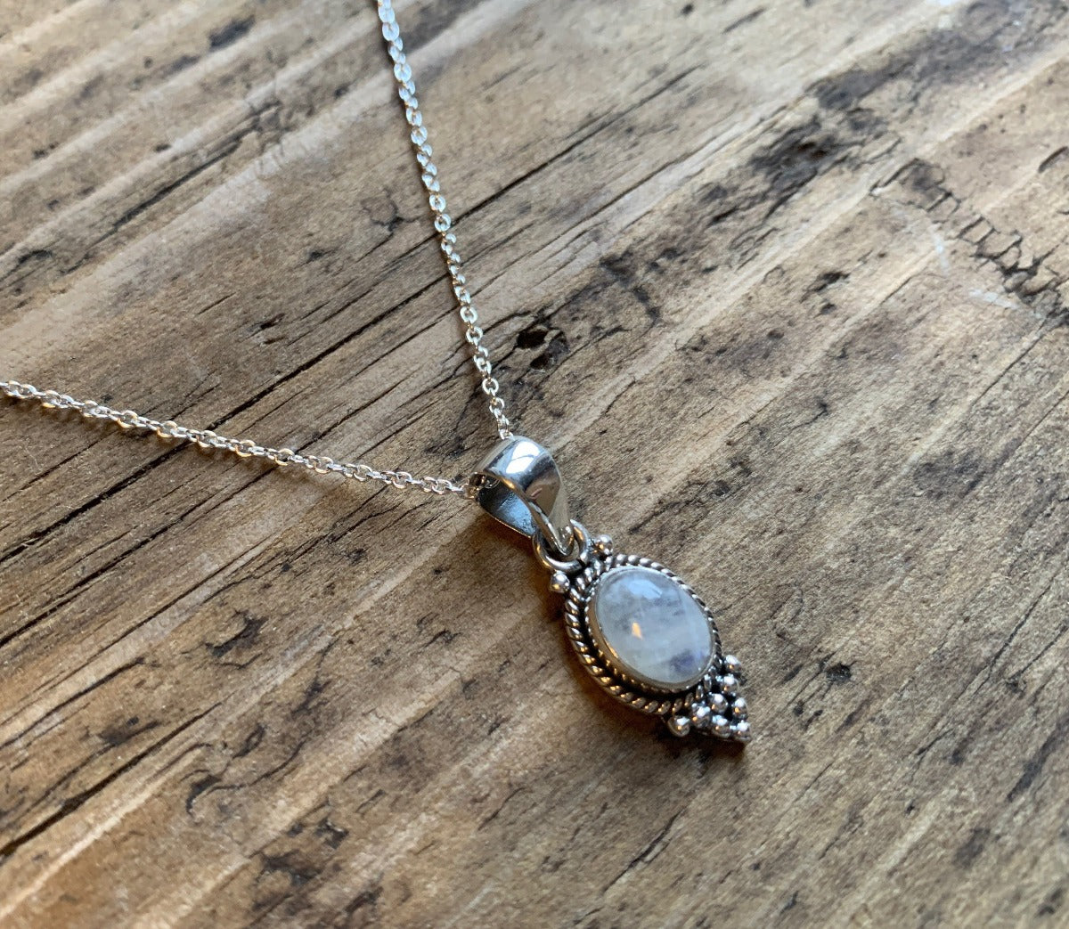 Dainty Oval Rainbow Moonstone Silver Necklace by Springwaves
