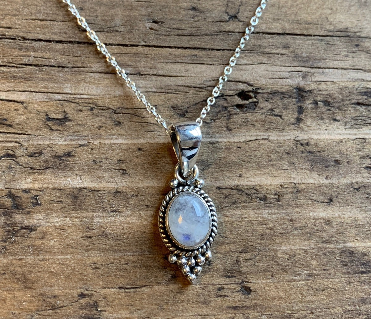 Dainty Oval Rainbow Moonstone Silver Necklace by Springwaves