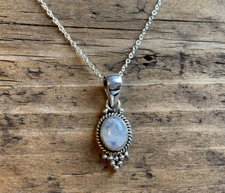 Dainty Oval Rainbow Moonstone Silver Necklace