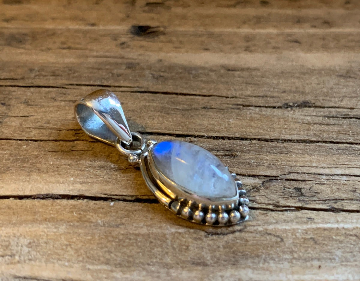 Sterling Silver Almond Rainbow Moonstone Necklace by Springwaves
