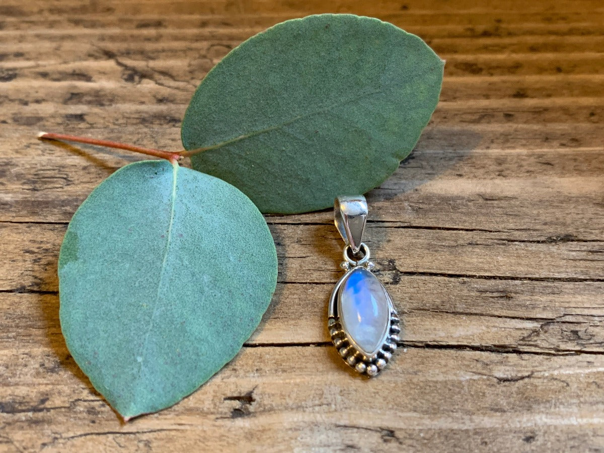 Sterling Silver Almond Rainbow Moonstone Necklace by Springwaves