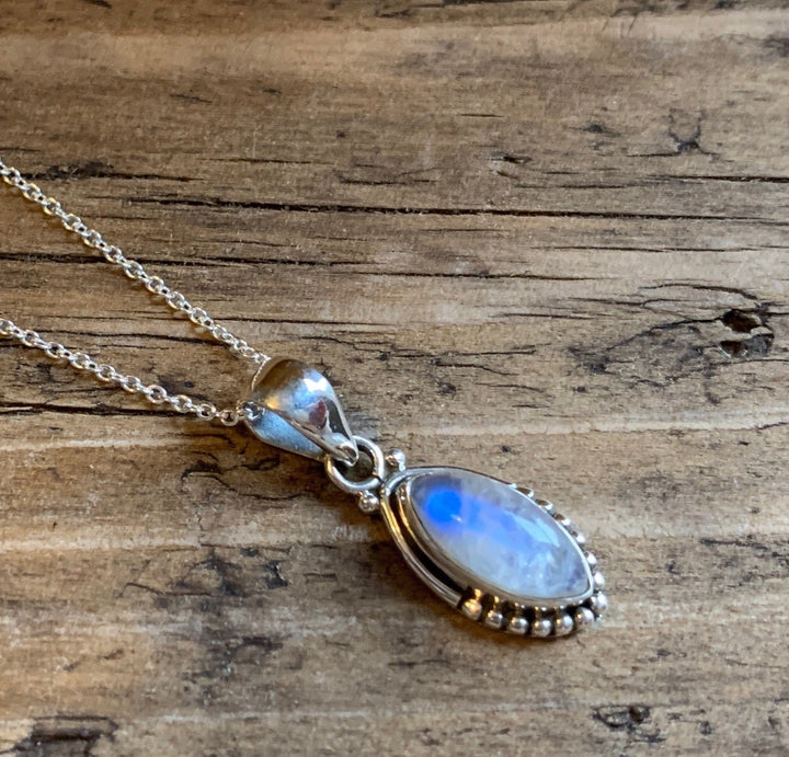 Rainbow Moonstone Marquise Dot Silver Necklace