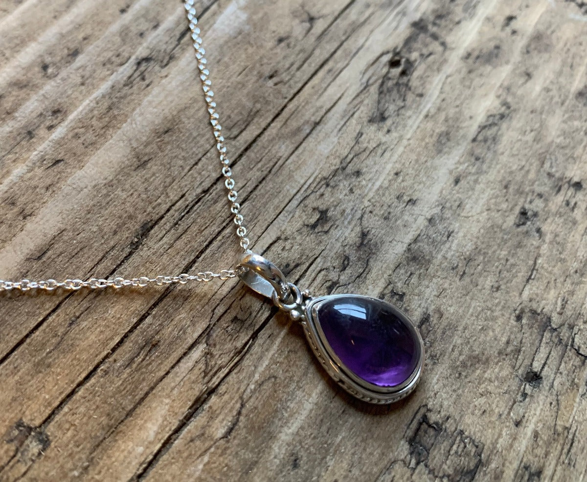Amethyst Teardrop Silver Pendant Necklace by Springwaves