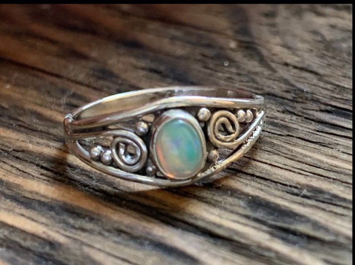Boho Ornate Oval Ethiopian Opal Silver Ring