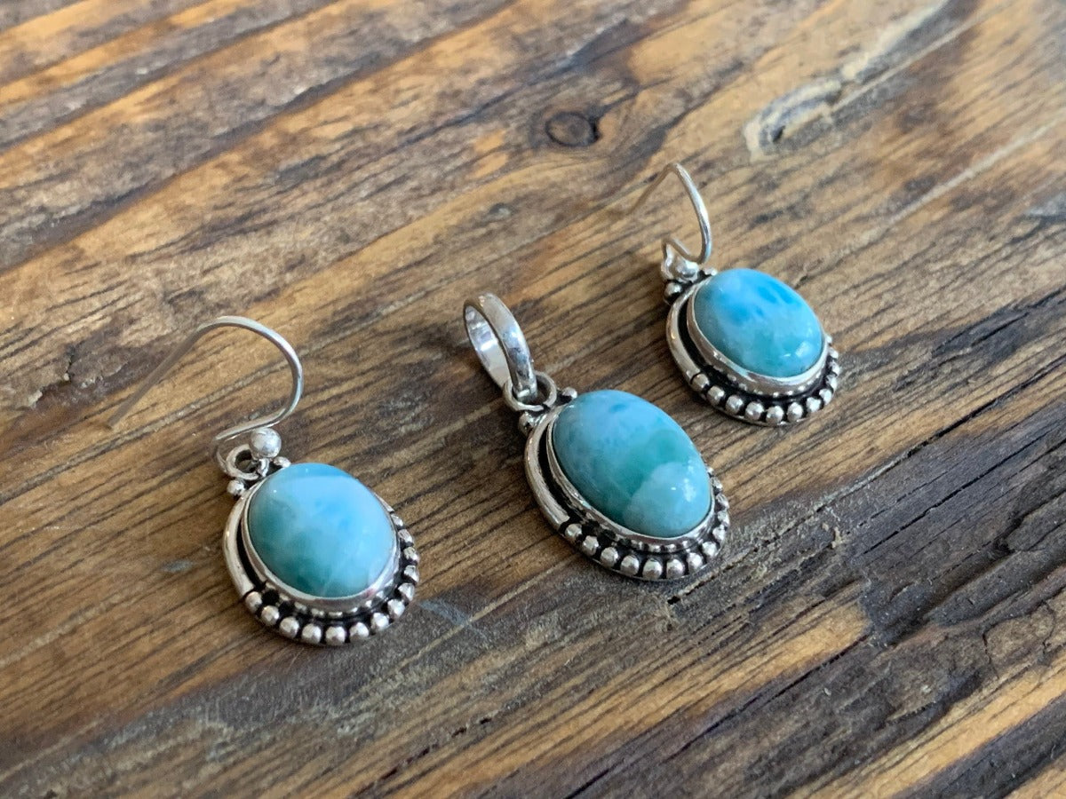 Sterling Silver Oval Larimar Necklace & Earrings by Springwaves