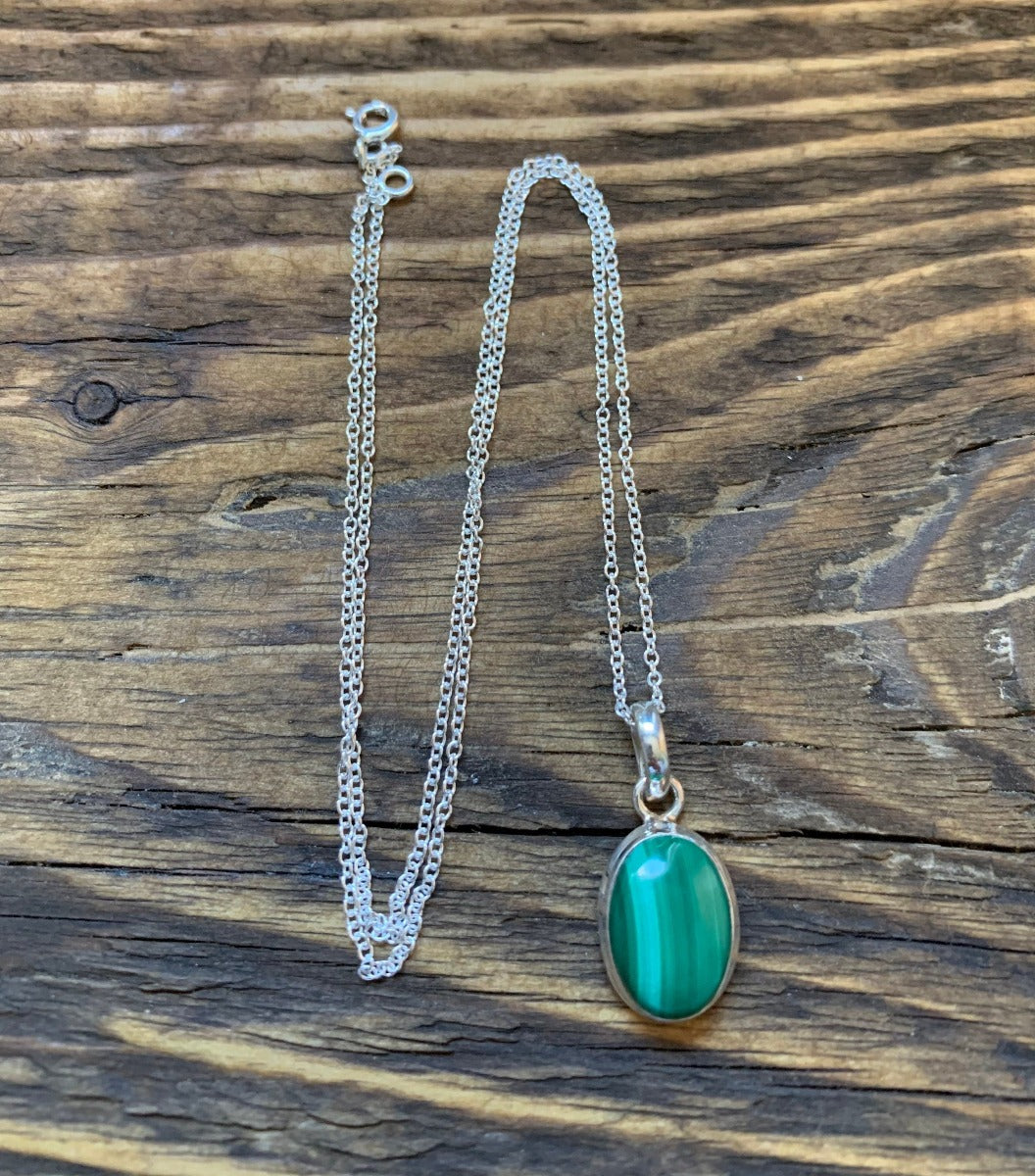 Sterling Silver Classic Oval Malachite Necklace by Springwaves