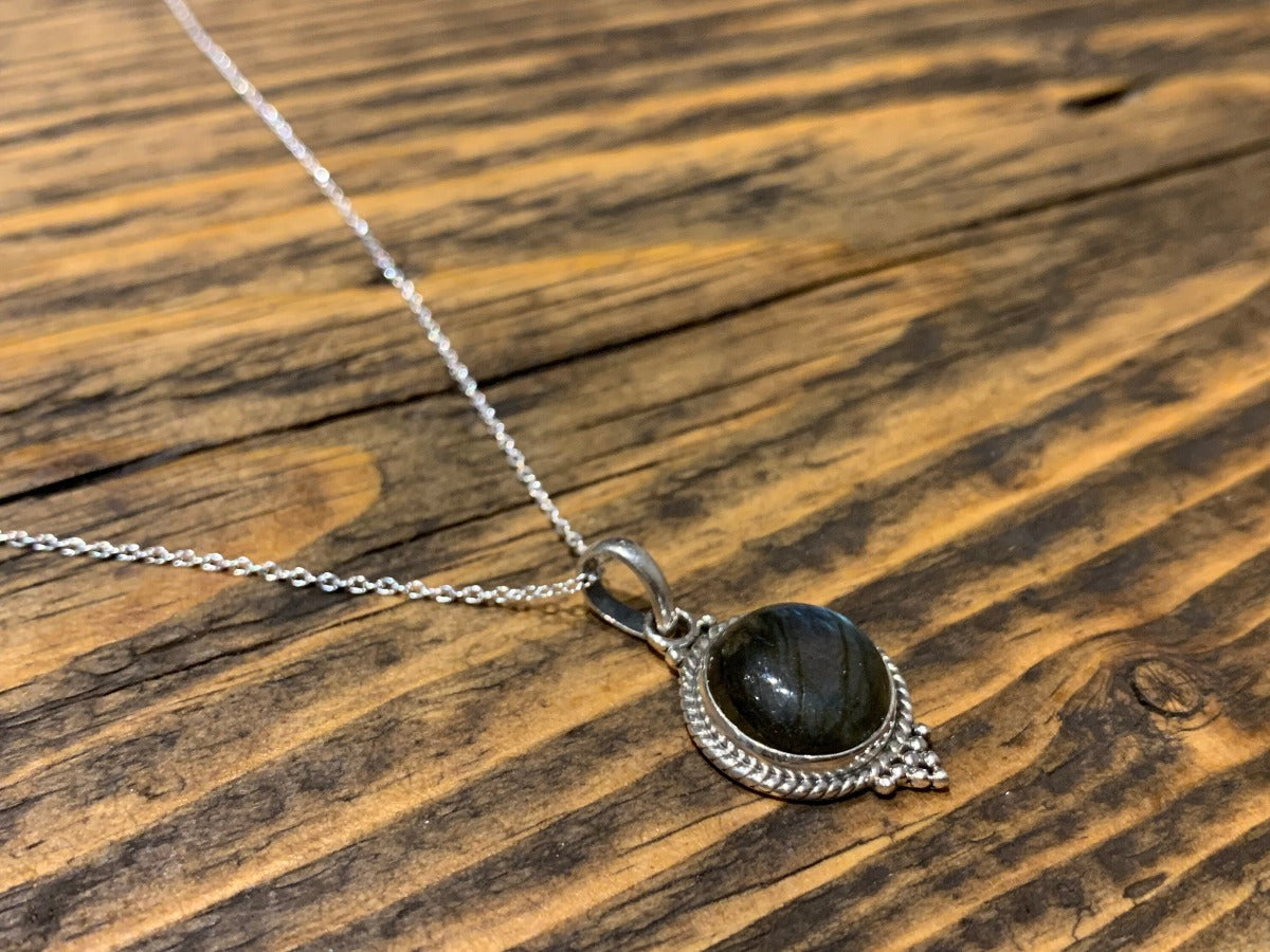 Sterling Silver Circle Labradorite Black Moonstone Necklace by Springwaves