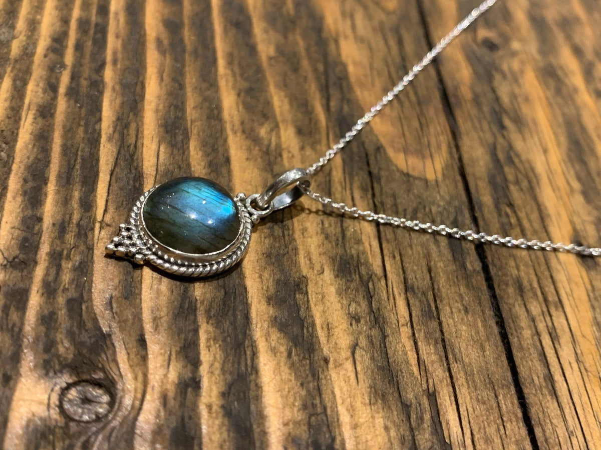 Sterling Silver Circle Labradorite Black Moonstone Necklace by Springwaves