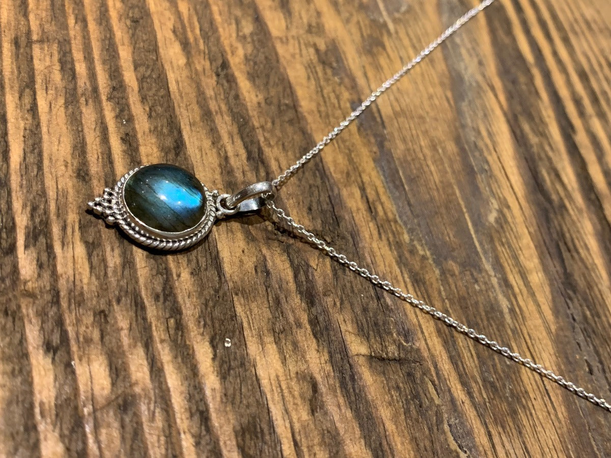 Sterling Silver Circle Labradorite Black Moonstone Necklace by Springwaves