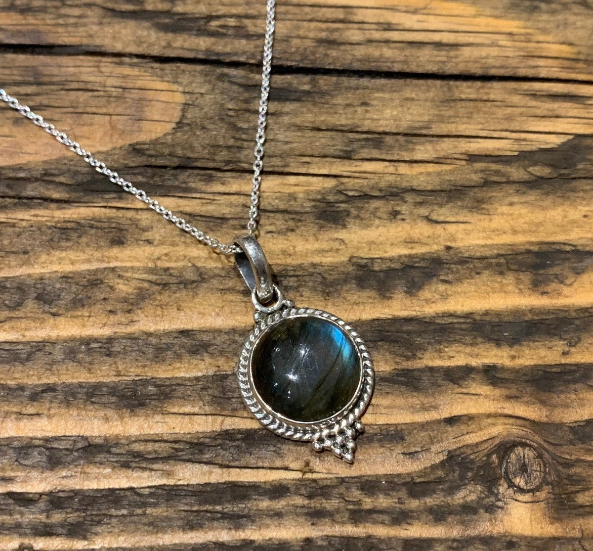 Sterling Silver Circle Labradorite Black Moonstone Necklace by Springwaves
