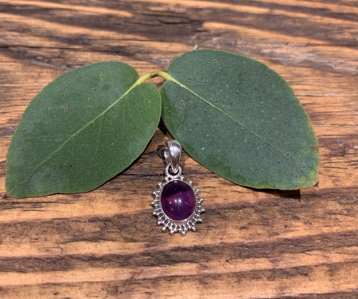 Sterling Silver Oval Starburst Amethyst Necklace by Springwaves