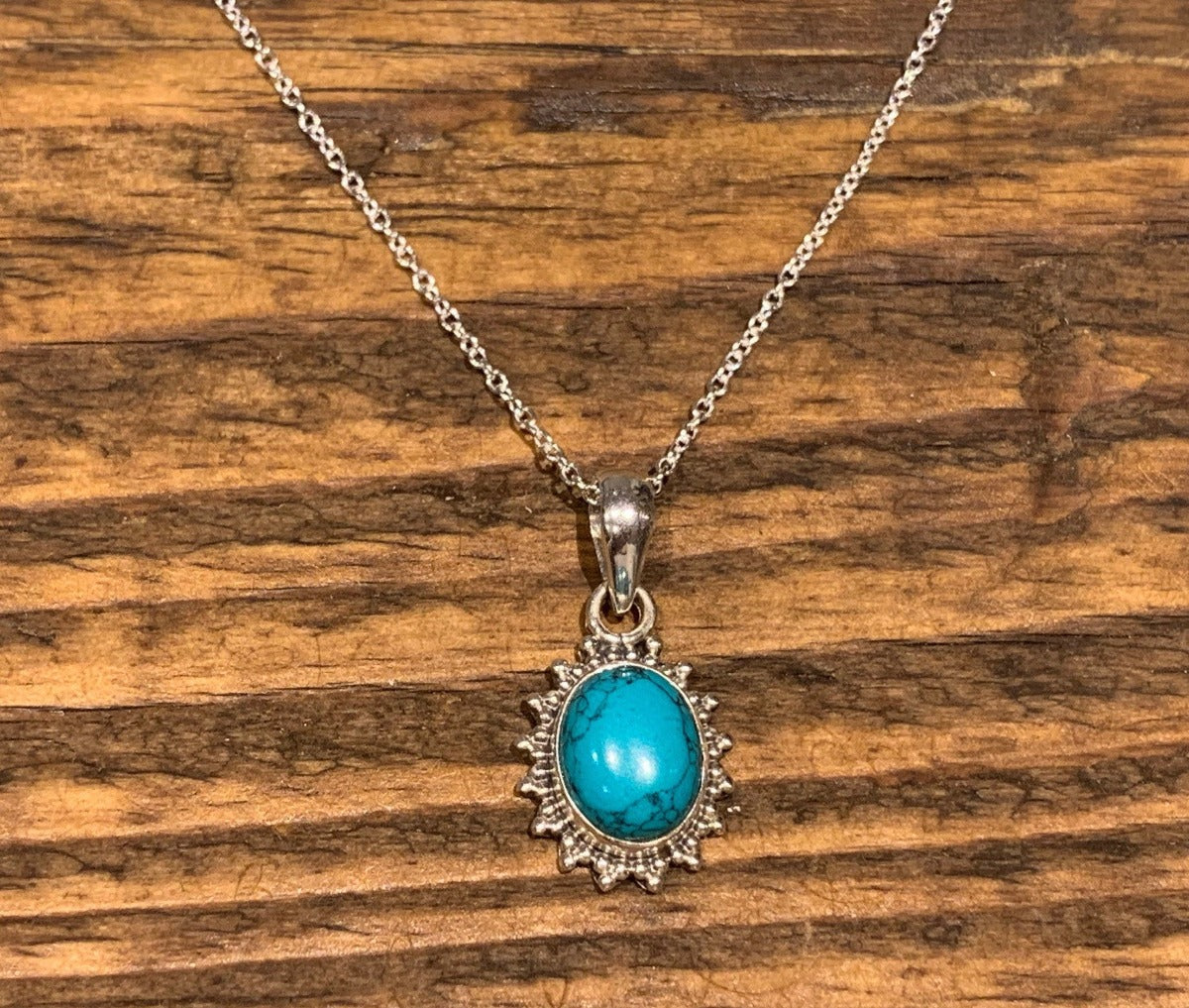 Sterling Silver Oval Starburst Turquoise Necklace by Springwaves