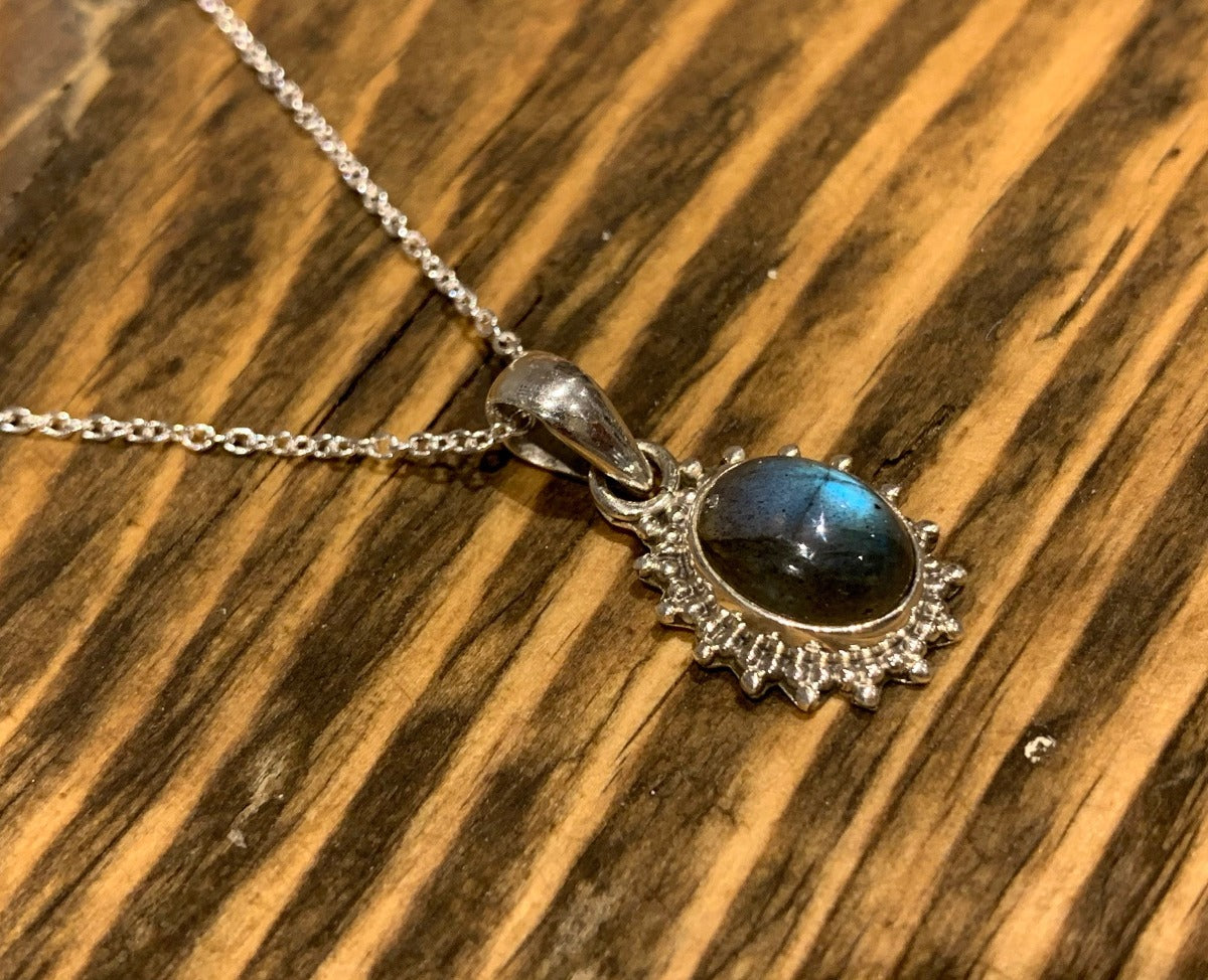 Sterling Silver Oval Starburst Labradorite Black Moonstone Necklace by Springwaves