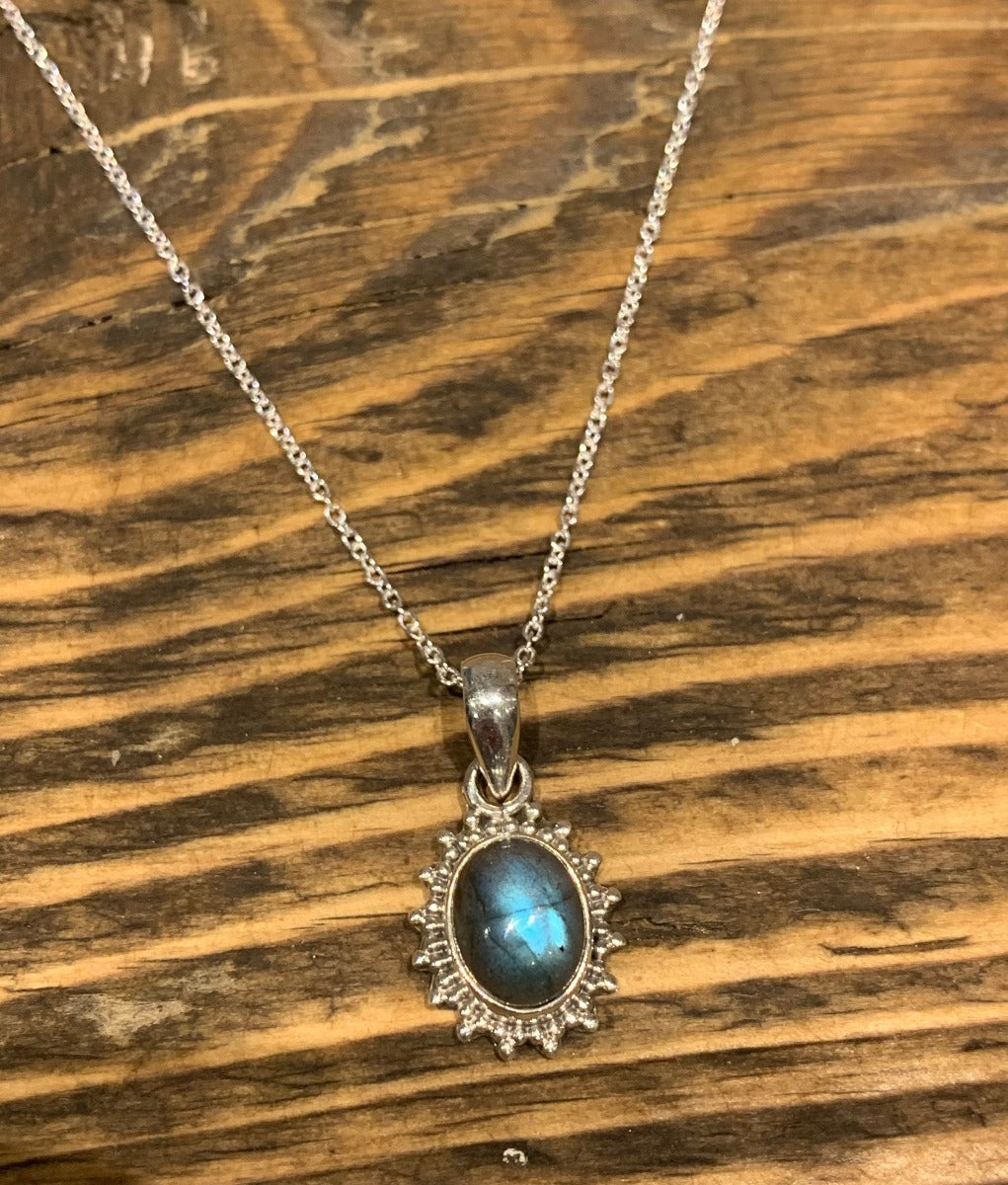Sterling Silver Oval Starburst Labradorite Black Moonstone Necklace by Springwaves