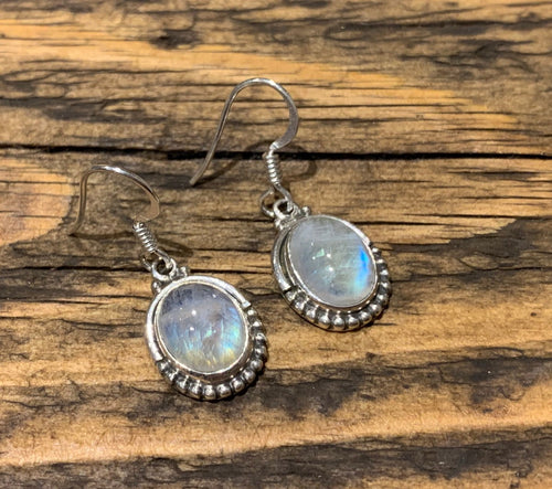 Rainbow Moonstone Oval Dot Silver Earrings