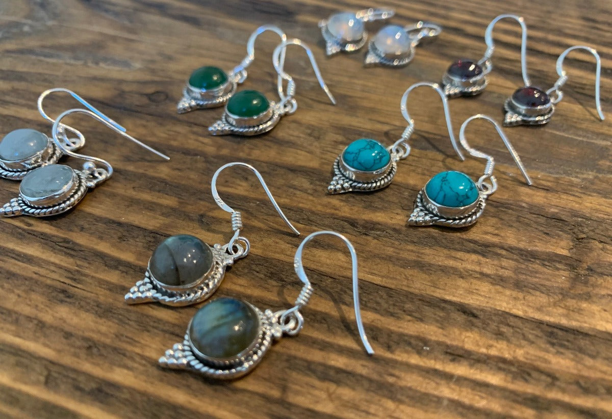 Boho Silver Gem Earrings options of Turquoise Garnet Moonstone Labradorite & Aquamarine by Springwaves