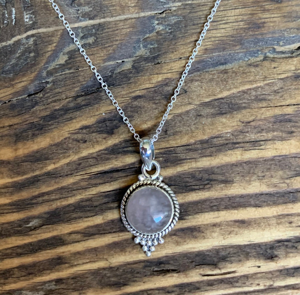 Bohemian Round Rose Quartz Sterling Silver Necklace by Springwaves