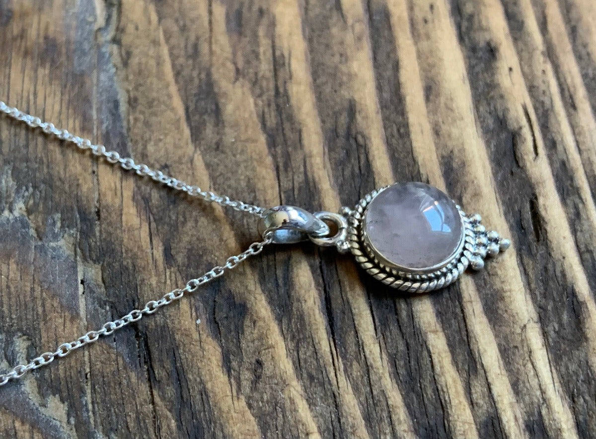 Bohemian Round Rose Quartz Sterling Silver Necklace by Springwaves