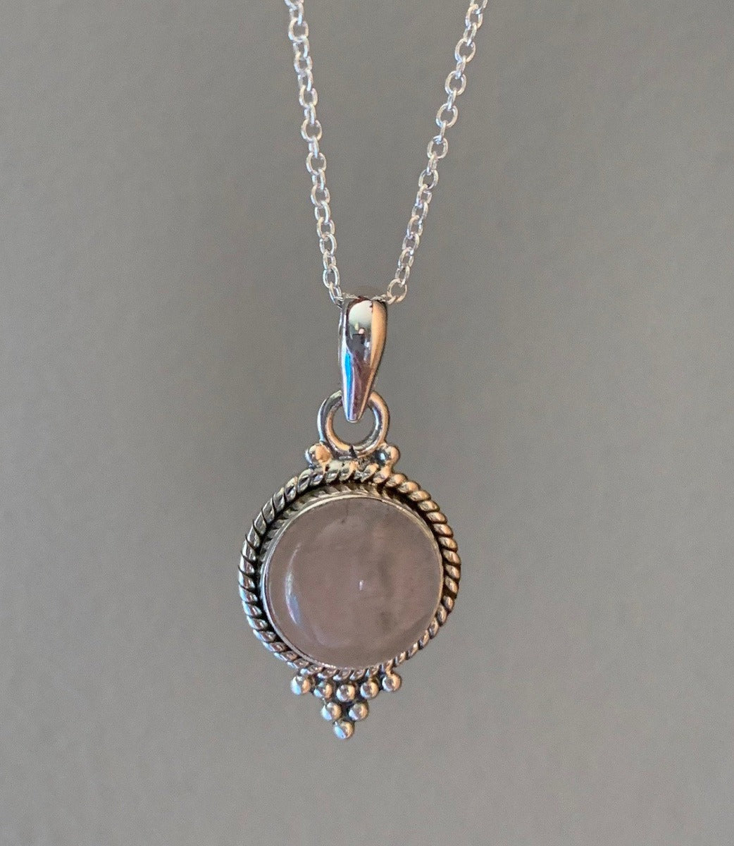 Bohemian Round Rose Quartz Sterling Silver Necklace by Springwaves