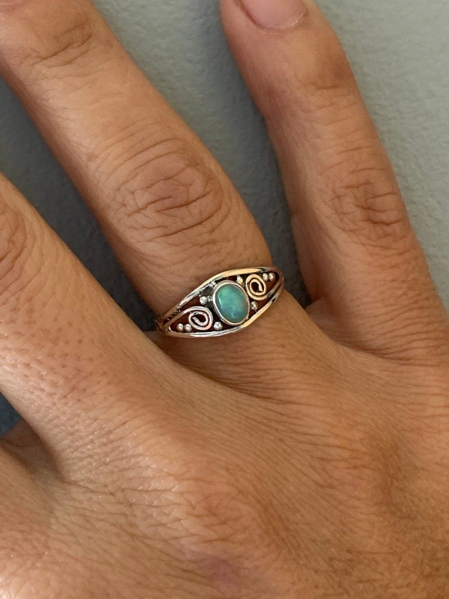 Boho Ornate Oval Ethiopian Opal Silver Ring by Springwaves