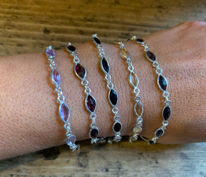 Dainty Faceted Silver Bracelet - Iolite, Citrine, Black Onyx, Garnet, Amethyst Stone Options