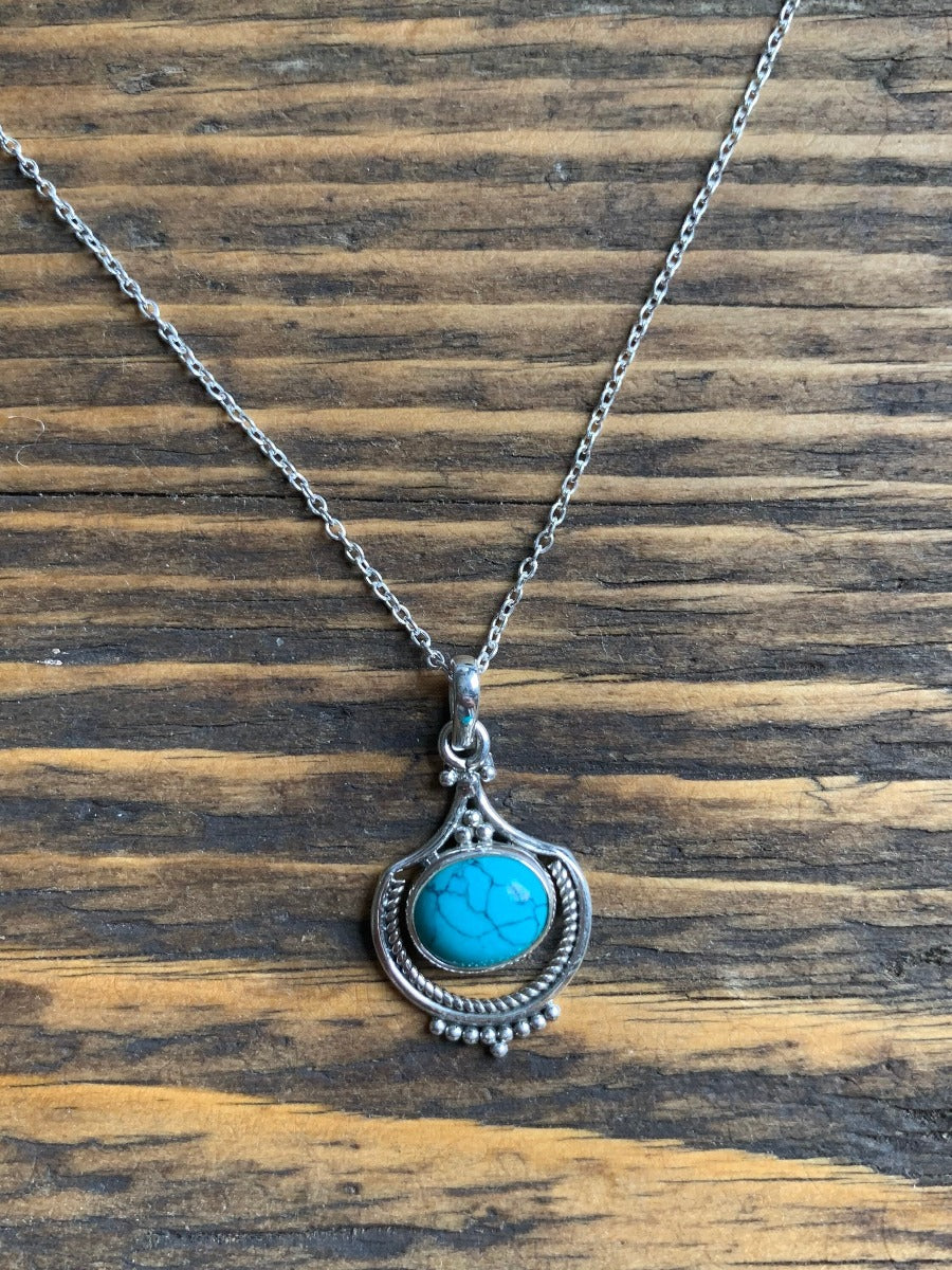 Turquoise Intricate Design Boho Silver Necklace by Springwaves