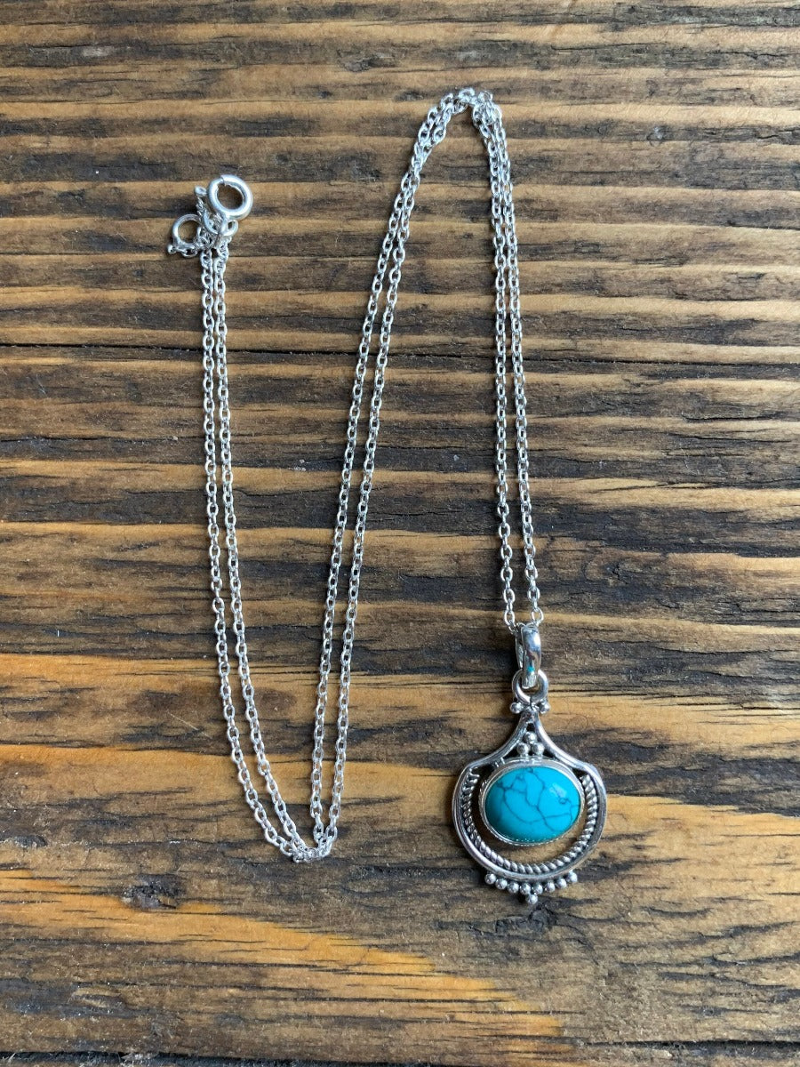 Turquoise Intricate Design Boho Silver Necklace by Springwaves
