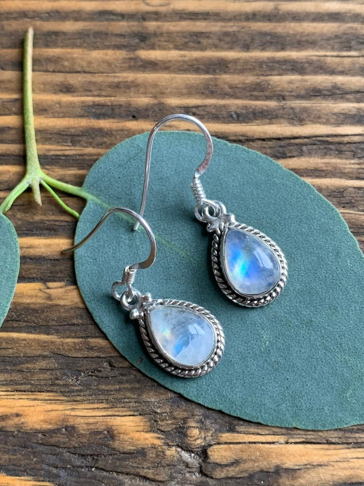 Silver Rainbow Moonstone Teardrop Earrings